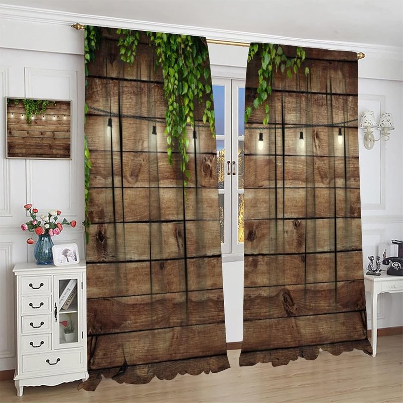 Rustic Wooden Door Curtain Panel Set with Green Leaves - Farmhouse Style, Room Darkening, 52x84 Inches