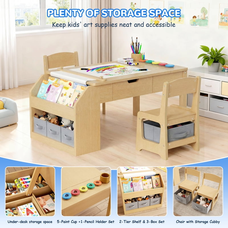 Kids Art Table and Chair Set with Convertible Easel, Storage & Paper Roll Holder
