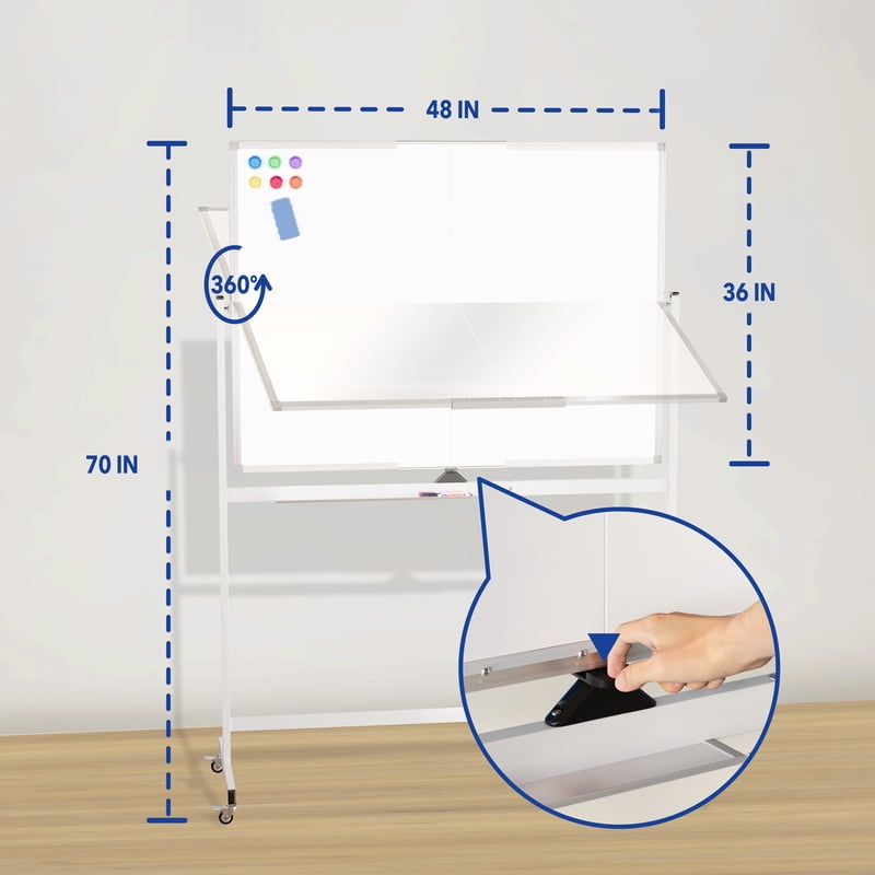 Large Rolling Whiteboard on Wheels - 48 x 36 Inches Magnetic Dry Erase Board with Stand