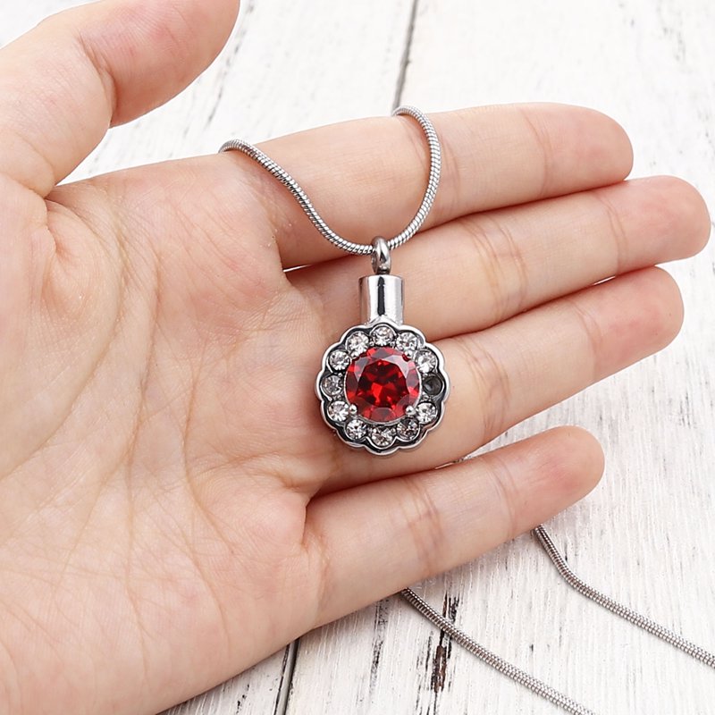 Round Crystal Rhinestone Flower Cremation Necklace for Ashes Memorial Pendant