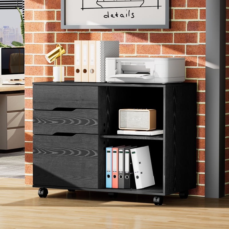 3-Drawer Mobile File Cabinet with Open Shelves and Wheels for Office Storage