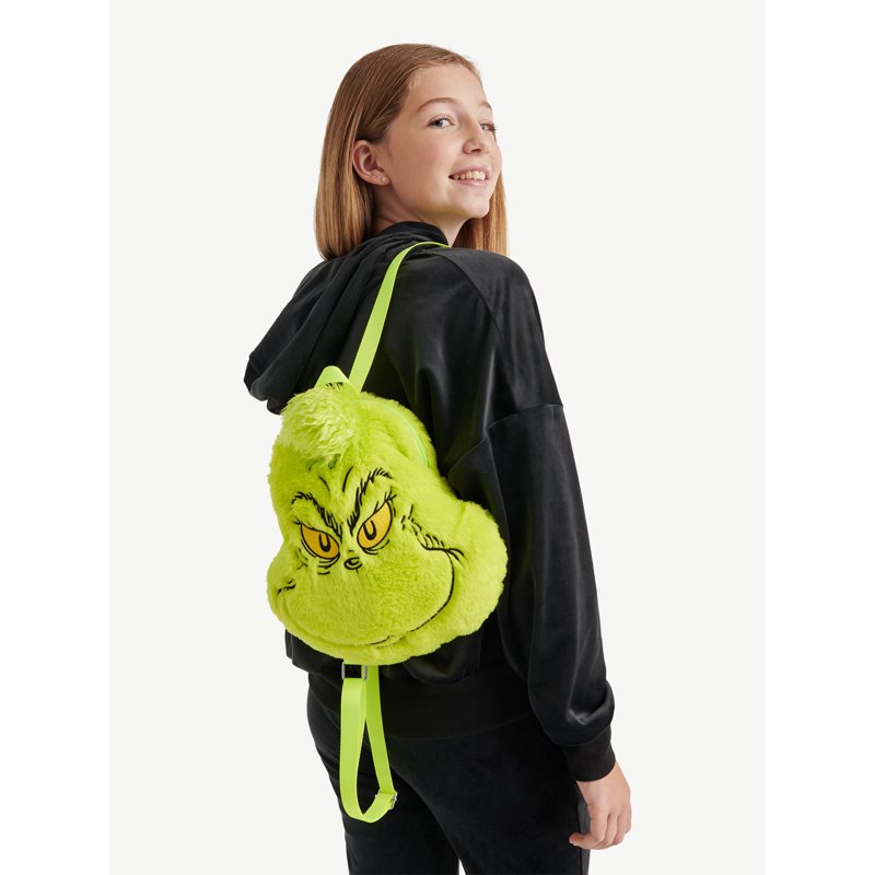 Girls Grinch Faux Fur Mini Backpack - Green Plush Holiday Bag