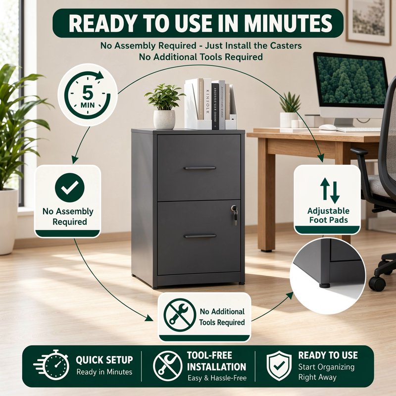 Lockable Metal File Cabinet with Wall Anti-Tip Kit - Vertical Steel Office Storage for Letter & Legal Files