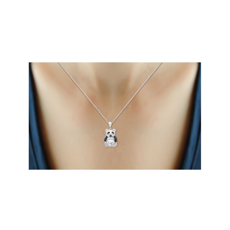 Halloween Panda Necklace with Black & White Diamonds - Sterling Silver Pendant & Rope Chain