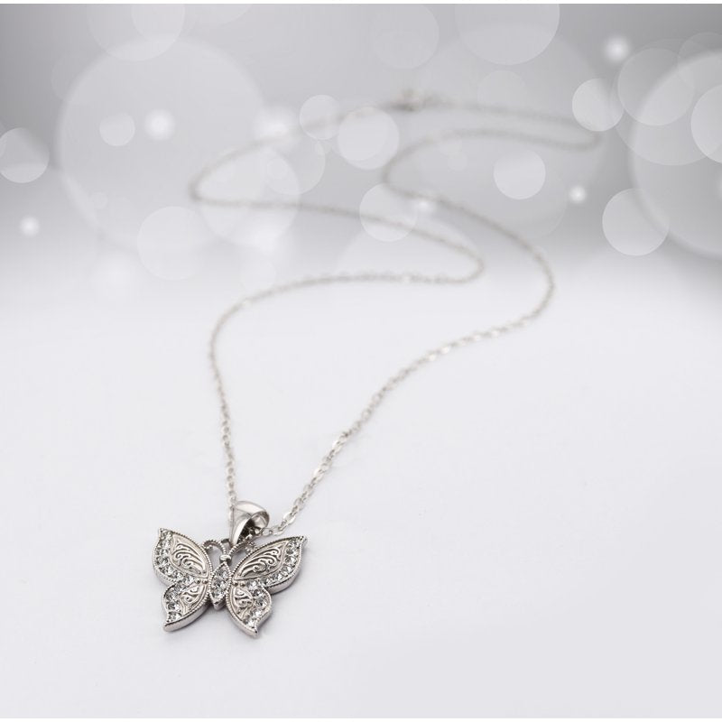 Sterling Silver Crystal Butterfly Pendant Necklace 18 Inch Hypoallergenic Jewelry