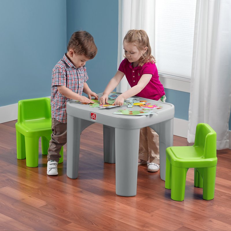 Kids Plastic Toddler Table and Chairs Set - Gray, 2 Chairs, Easy Clean