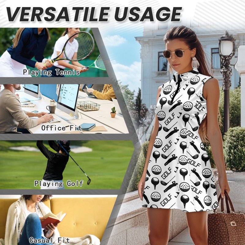 Golf Ball and Club White Print Woman’s Golf Dress Set - 2XL, Sleeveless V-Neck with Pockets