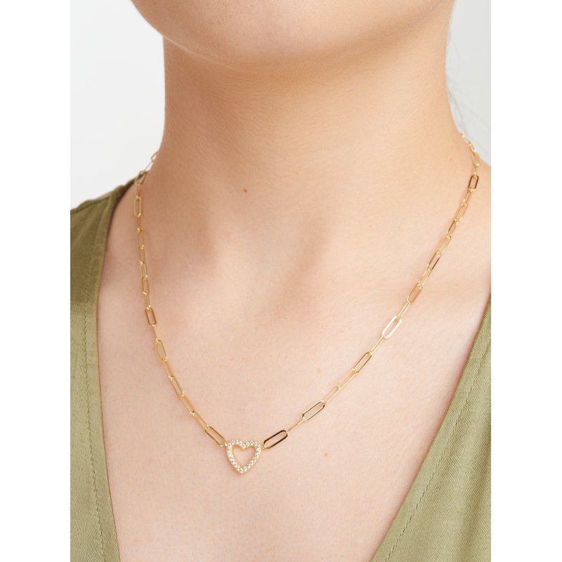 Heart Cubic Zirconia Paperclip Necklace in 18K Gold Over Sterling Silver 18 Inches