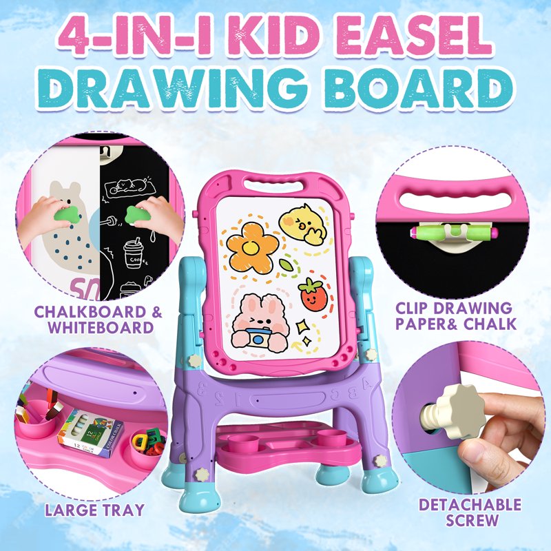 Kids Art Easel 4-in-1 Rotatable Double-Sided Drawing & Chalkboard Pink