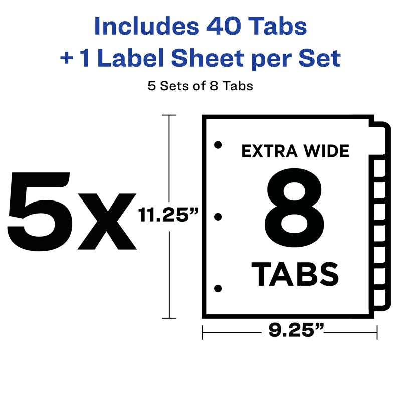 8-Tab Extra-Wide Binder Dividers with Labeling Strips - 5 Sets