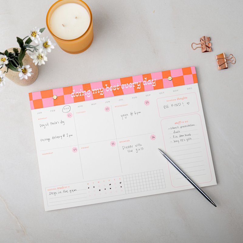 Undated Weekly Planner 14x9.75 Inch Pink and Orange Check - Office Organizer
