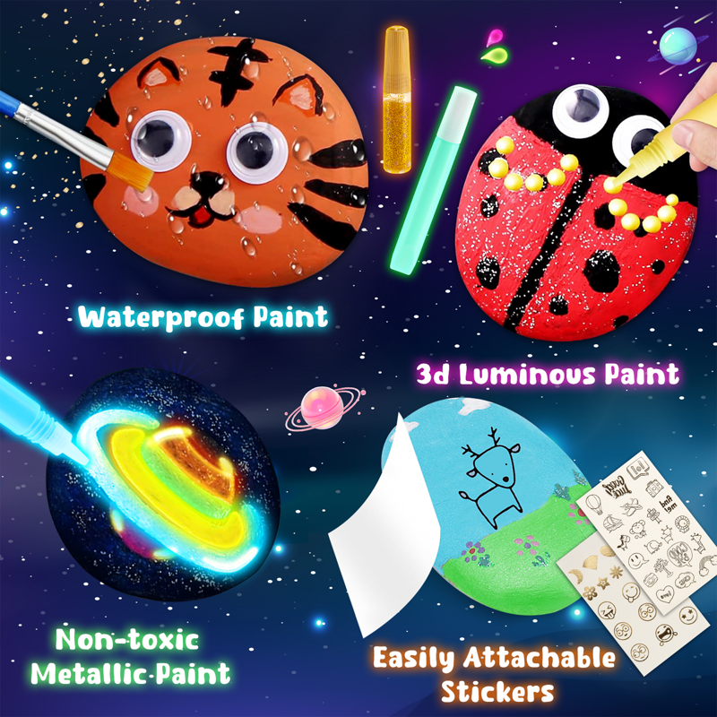 Glow in the Dark Rock Painting Kit for Kids - Arts & Crafts Supplies Gift Set