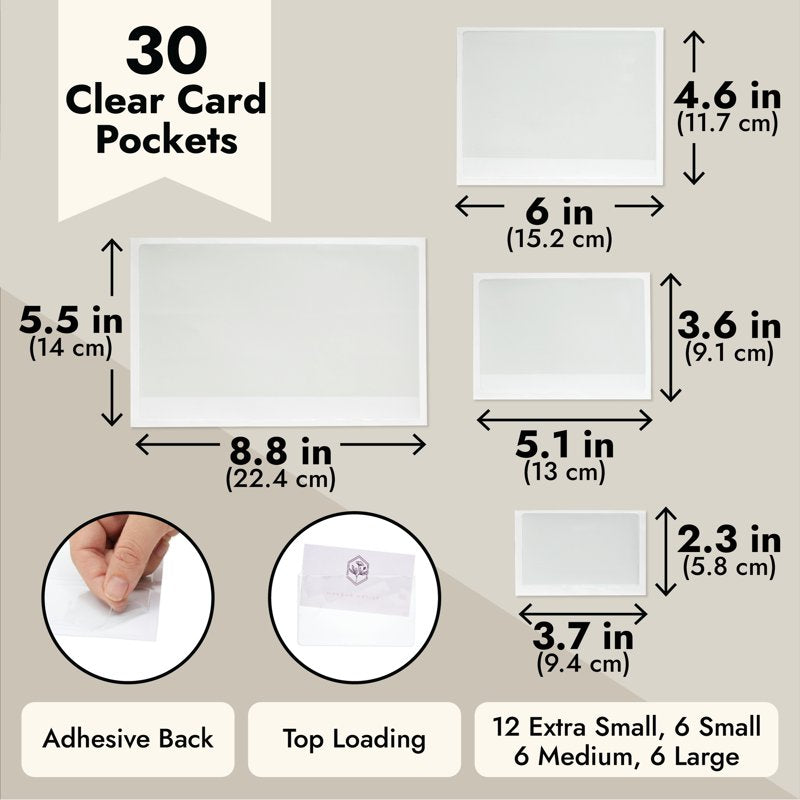 Unruled Office Card Sleeves Set of 30 - Multiple Sizes Adhesive Organizer Pockets