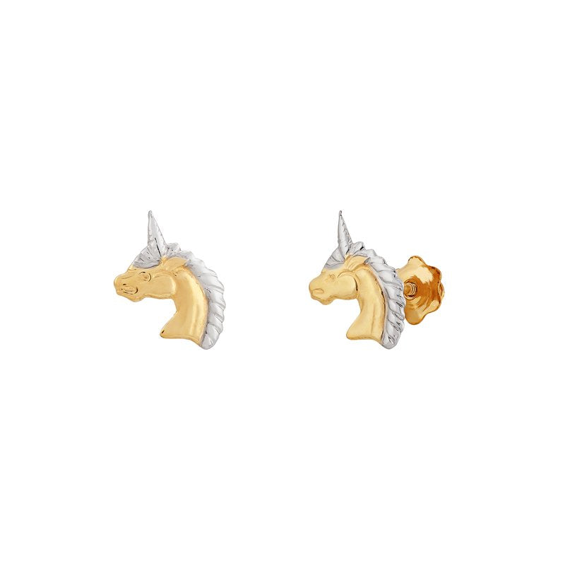 Girls 10K Gold Unicorn Earrings with Rhodium Finish Safe Screw Backs