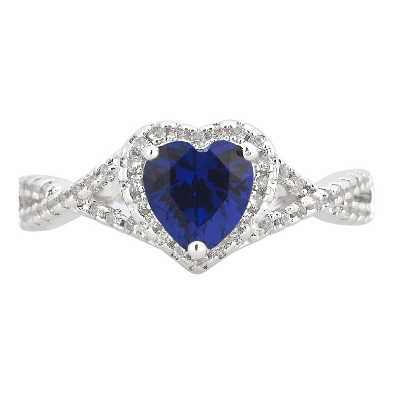 Blue Sapphire Heart Engagement Ring with White Sapphire Halo in Silver Overlay