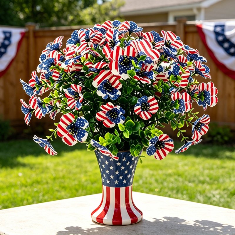 Patriotic Artificial Flower Bouquet Red White Blue for 4th of July Decor