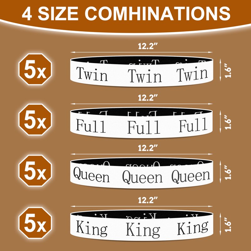 Elastic Bed Sheet Organizer Bands with Size Labels - Pack of 20