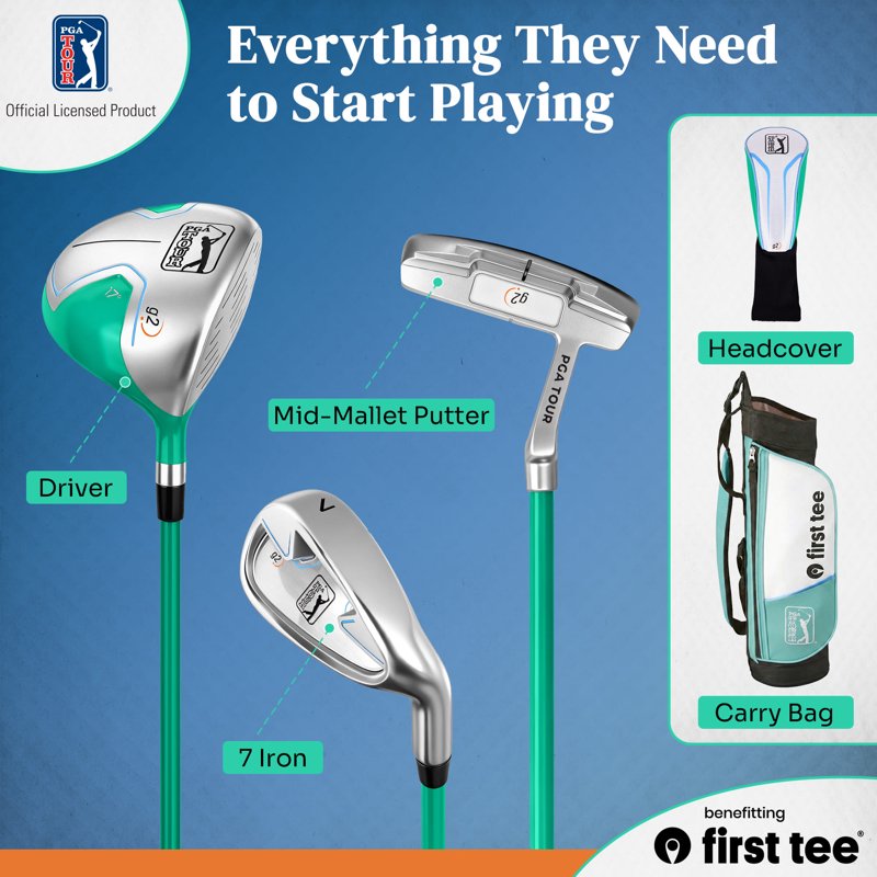 PGA TOUR x First Tee 5-Piece Junior Golf Club Set - Right-Handed, 4'1"–4'8" Heights, Green Carry Bag