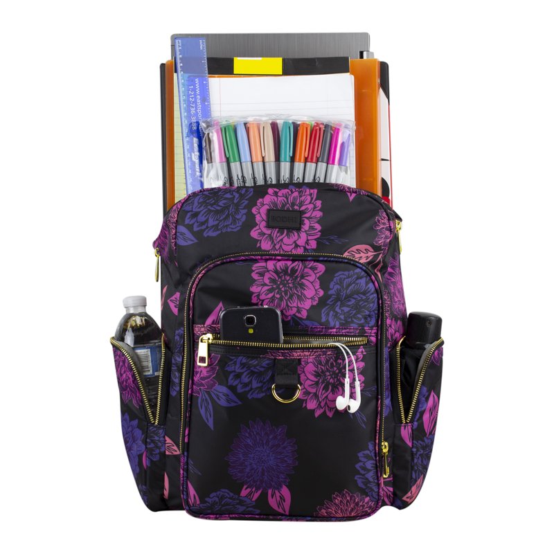 Essential Travel Backpack with Trolley Sleeve and Multiple Pockets - Floral & Black
