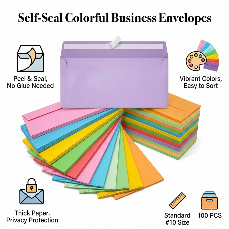 Colorful Business Envelopes #10 Self-Seal Office Mailers 4.13x9.49 Inches 100 Pack