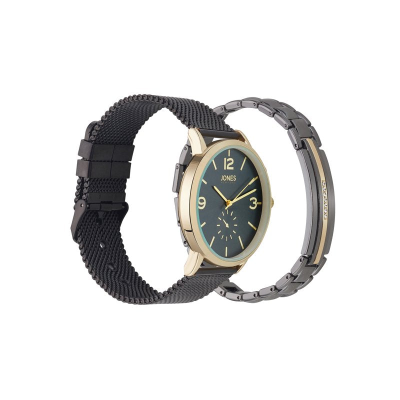Men's Analog Watch and Bracelet Set - Black Tone Metal 42mm