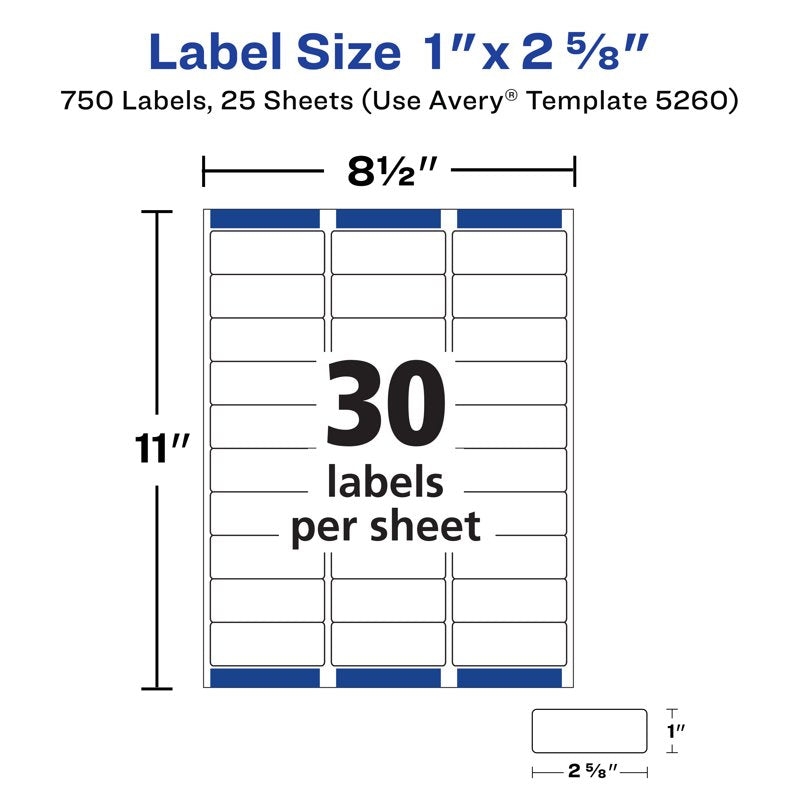 Printable Address Labels 1" x 2-5/8" White 750 Count - Laser Compatible, Easy Peel