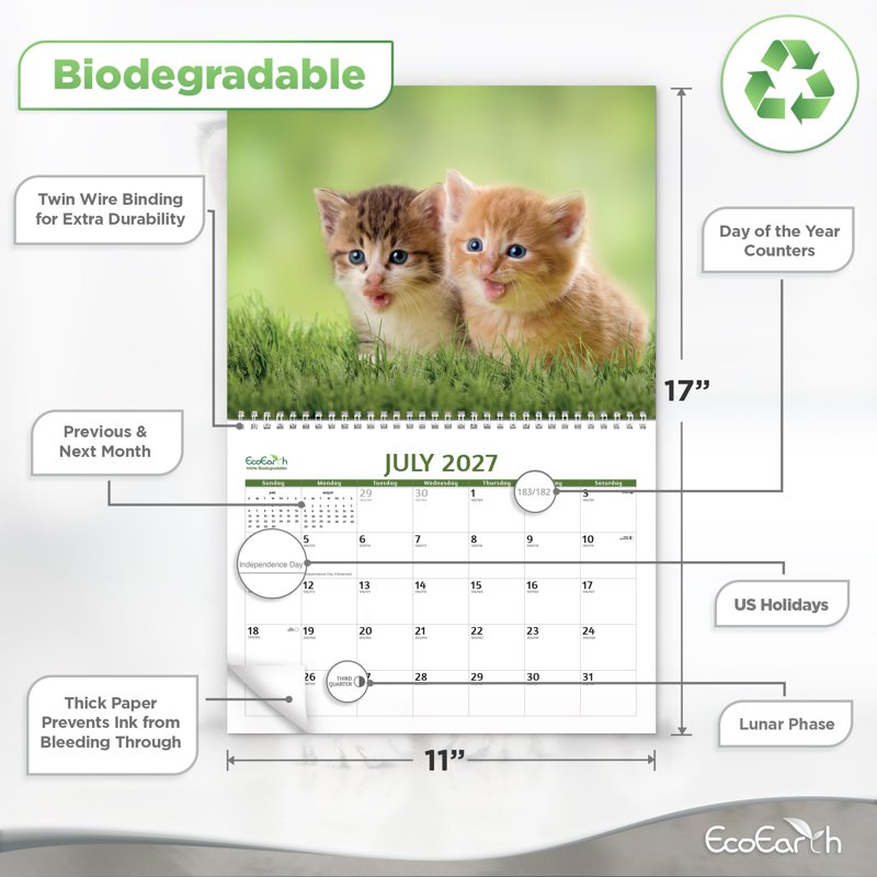 Vertical Wall Calendar 2026-2027 - Cute Kittens 18-Month Organizer