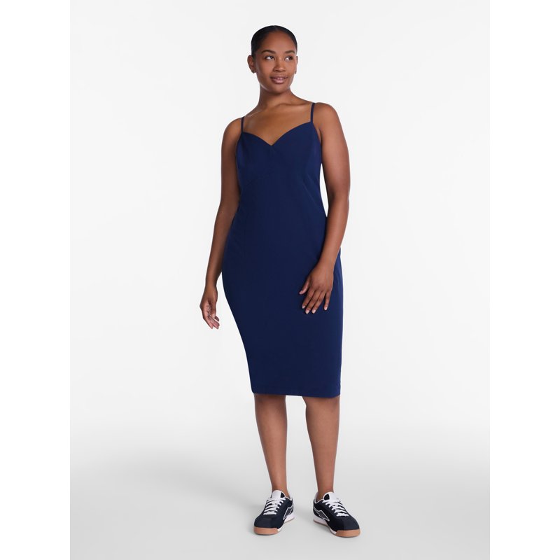 Feather Stretch Midi Dress for Women - Sporty-Cute Sleeveless Dress with Pockets