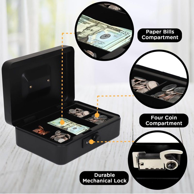 Large Black Stainless Steel Cash Box with Mechanical Lock & Removable Tray
