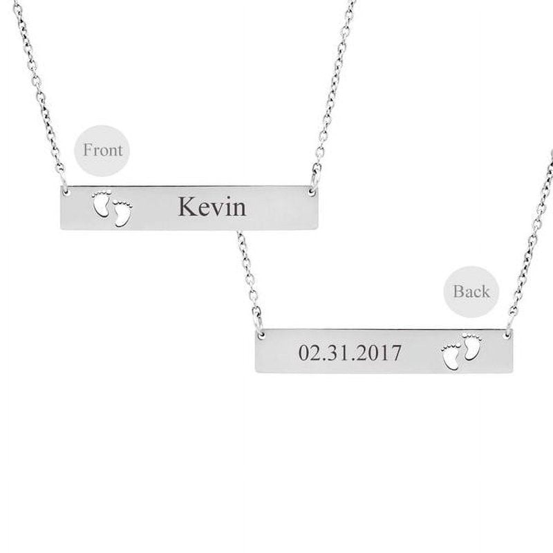Personalized Silver Bar Necklace with Footprint Engraving - Custom Name Pendant for Mom & Newborn