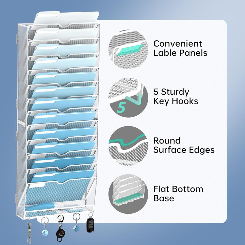 13-Tier Metal Wall File Organizer with Hooks - Office Paper & Magazine Storage