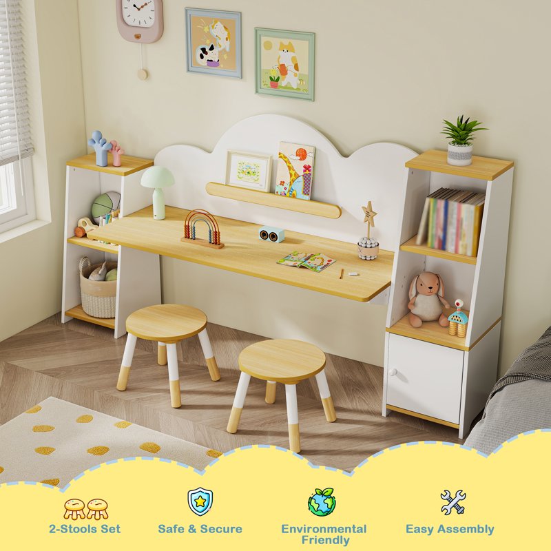 Kids Double Study Desk and Chair Set with Storage, Large Wooden Writing Table