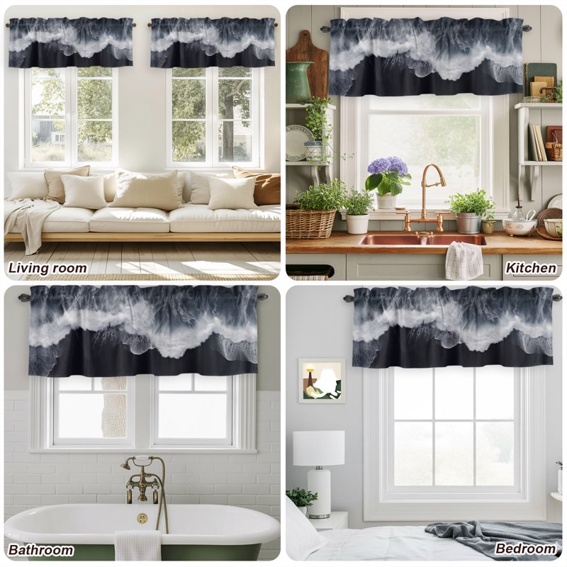 Black Coastal Window Valances Set - Light Filtering Kitchen Curtain Panels, Rod Pocket Short Window Treatments for Living & Bedroom