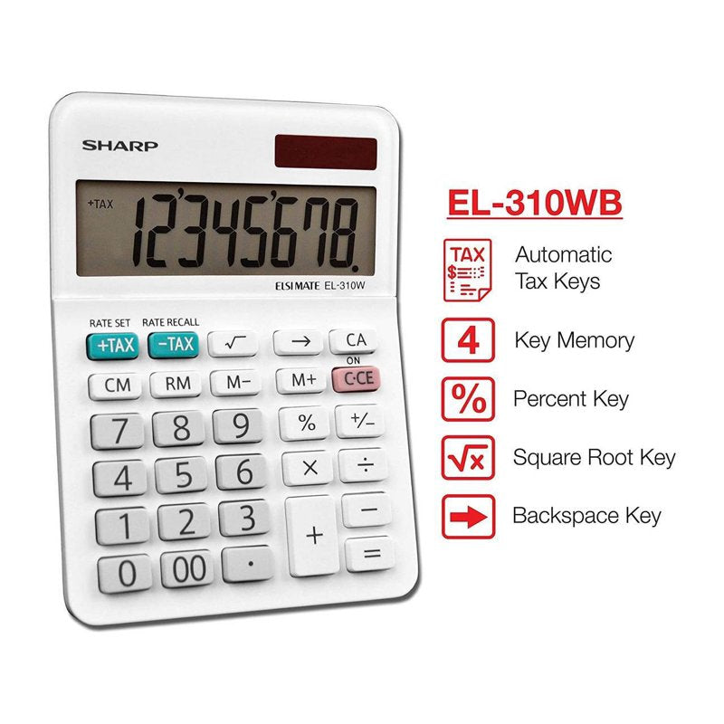 Mini Desktop Calculator 8-Digit, White, Sharp EL-310WB Office Calculator