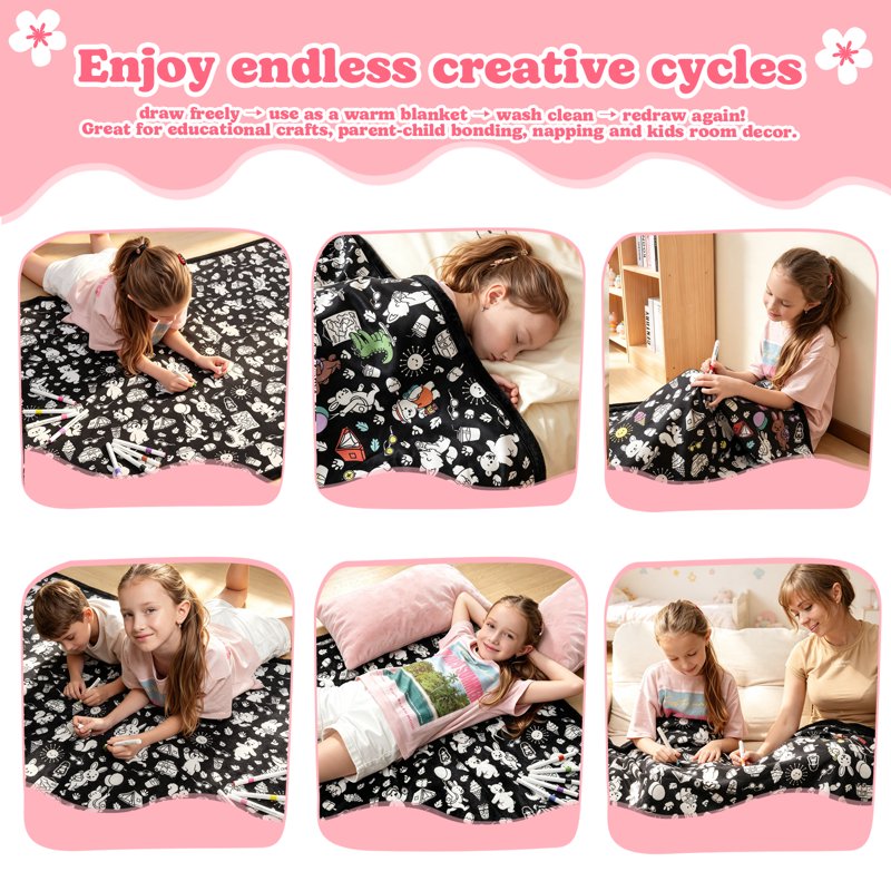 Washable Coloring Blanket with 20 Markers - 40x60 Inch DIY Arts & Crafts Gift