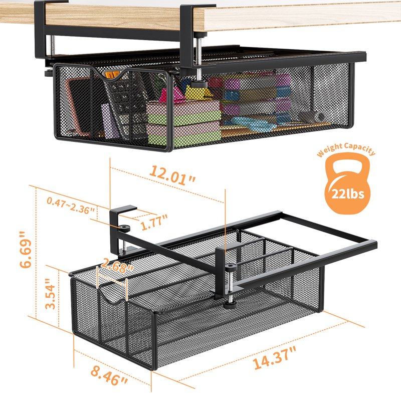 Under Desk Drawer Organizer Clamp-On Mesh Metal Storage Caddy Black