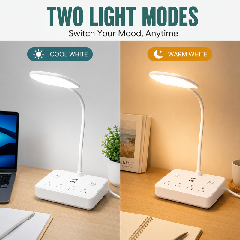 LED Desk Lamp with USB Charging & Power Outlets, 4ft Extension Cord, Adjustable Light