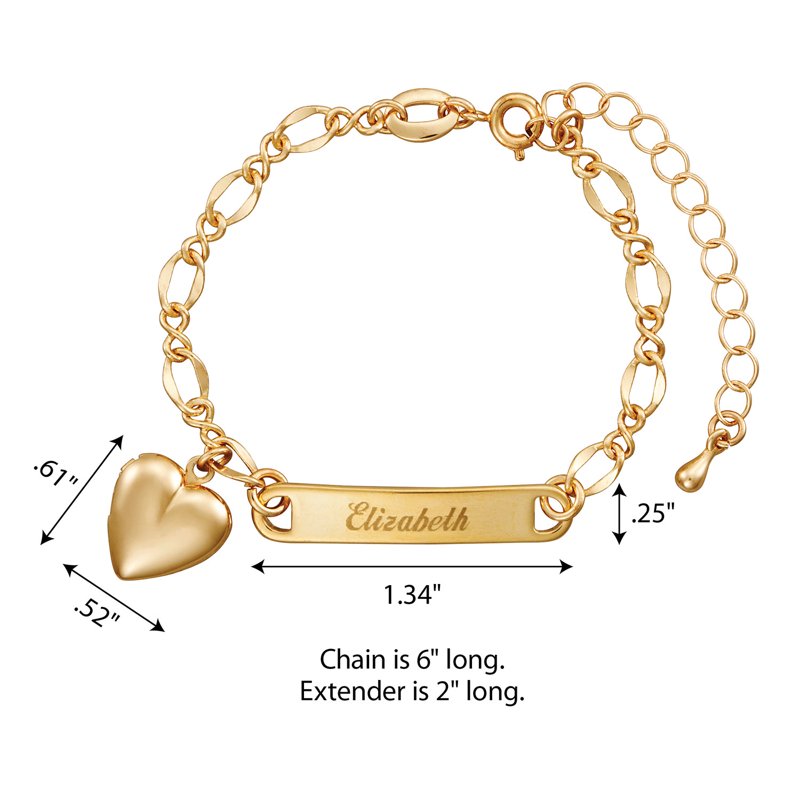 Personalized Gold-Tone Girls' Heart Charm Name Bracelet 6 Plus 2 Inch Extender