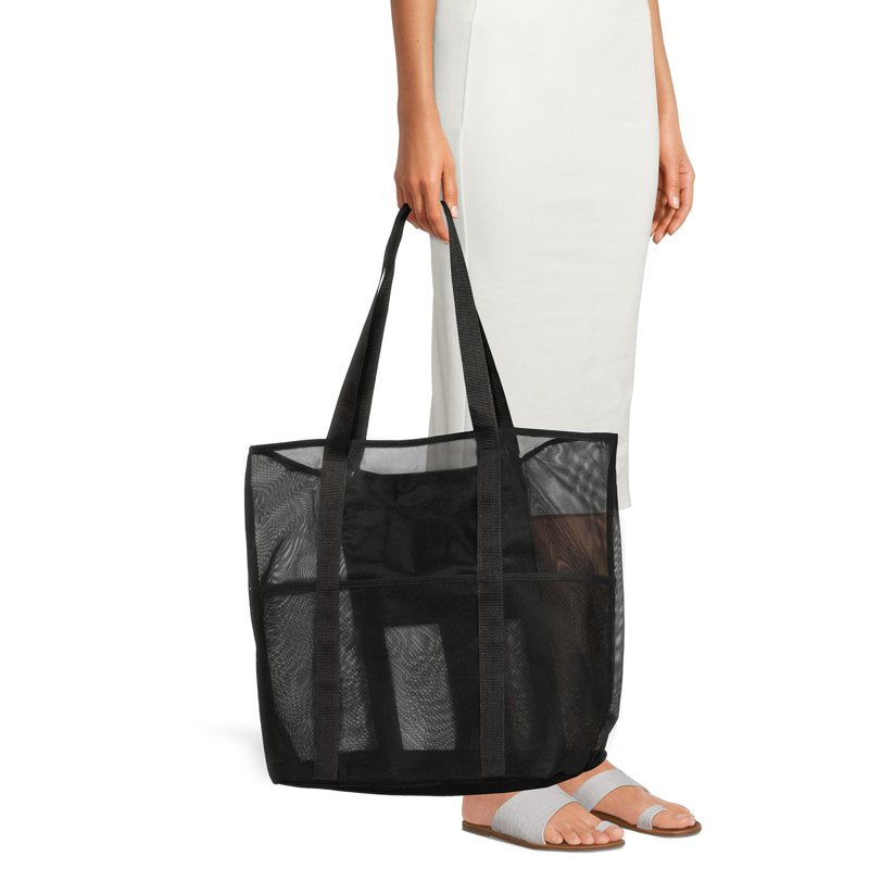 Mesh Beach Tote Bag 2-Pack for Women, Large Summer Style, Black