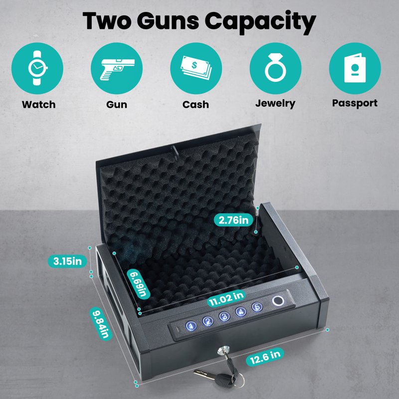 Portable Gun Safe with Biometric Lock for Handguns, Password & Key Entry