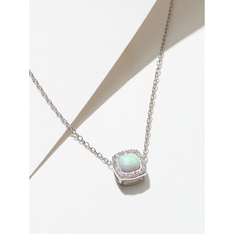 Sterling Silver Opal and CZ Necklace for Women - Adjustable 18 Inch Chain