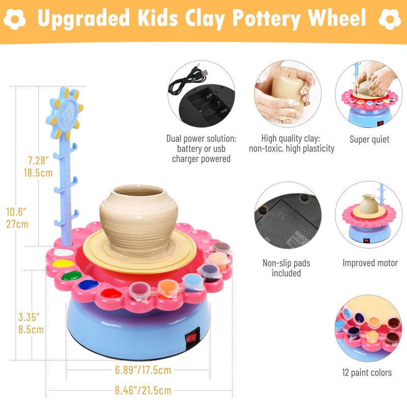 Kids Pottery Wheel Kit - Art Supplies for Ages 8+ with Clay & Paint