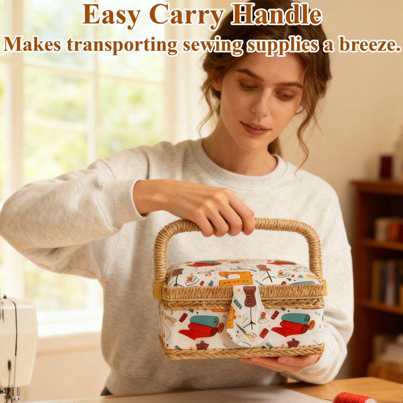 Portable Wooden Sewing Basket with Removable Tray & Accessories