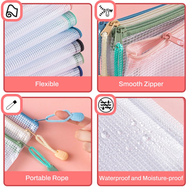 Mesh Zipper Pouch Bags Set - Waterproof A4 File Organizer for Travel School Office