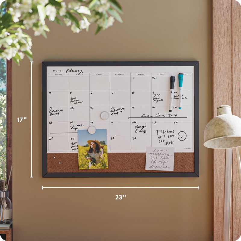 Magnetic Dry Erase Calendar Board 23x17 Inch with Black Wood Frame