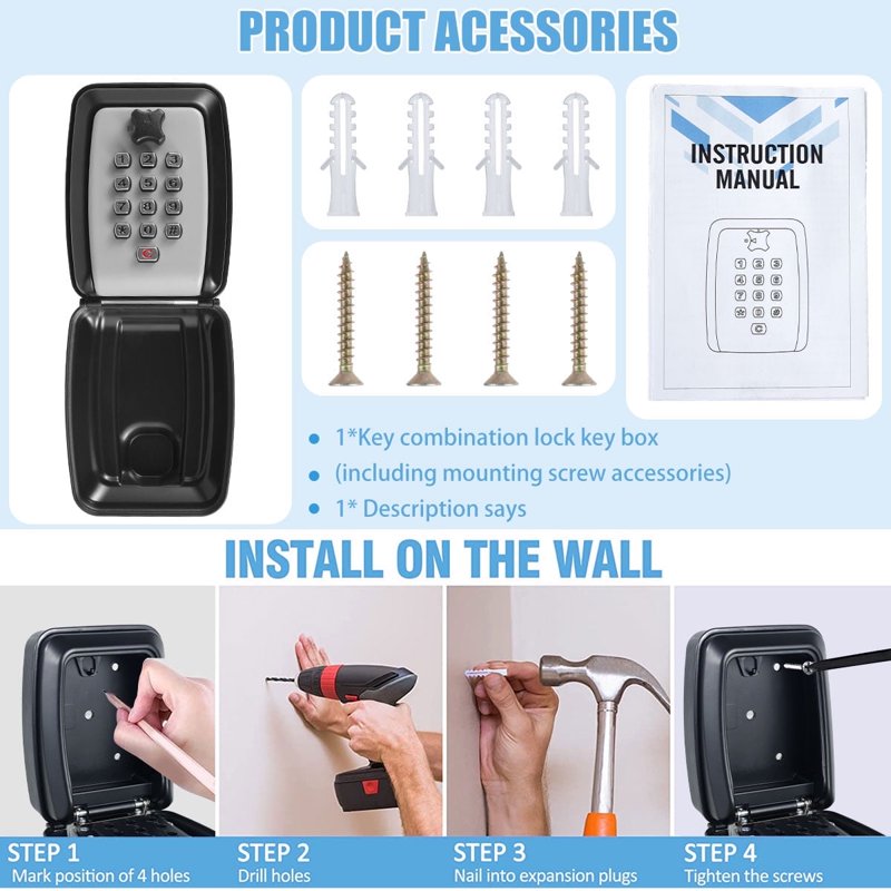 Outdoor Wall Mount Key Lock Box Waterproof Combination Safe for House Keys