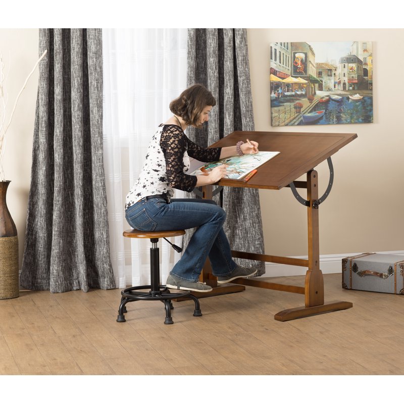 Adjustable Wood Drafting Table 42 Inch Rustic Oak Art & Drawing Desk