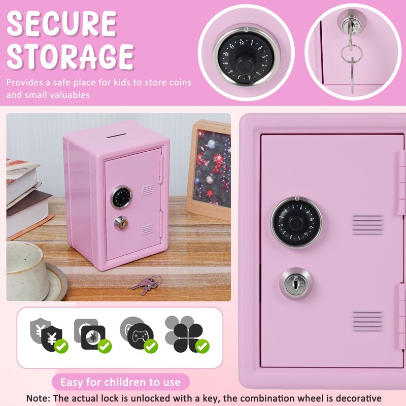 Mini Security Safe Box for Home & Jewelry with Lock - Pink, 7.09 x 4.72 x 3.94 inches