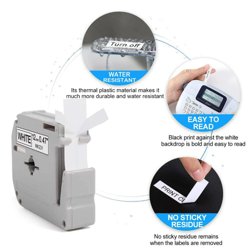 12mm Matte Black-on-White Label Tape for Brother PTouch Label Makers - Compatible M-K231S