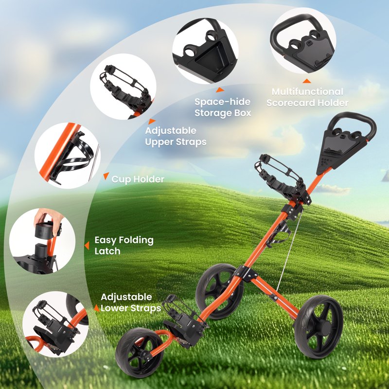 Naipo 3-Wheel Golf Push Cart with Adjustable Handle, Scoreboard & Cup Holder – Orange (Variation: Orange)